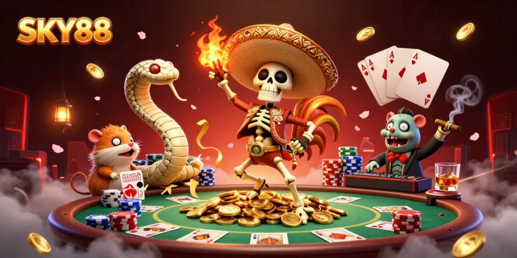 Sky88 showcases vibrant casino life with a lively mariachi skeleton, mummy snake, and DJ hamster.