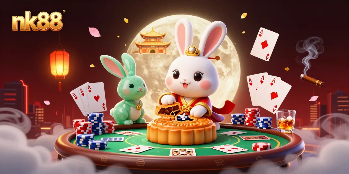 Experience thrilling poker action with nk88 featuring mythical moon rabbit characters and vibrant casino elements.