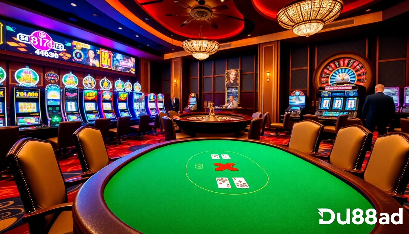Experience the allure of gambling at Du88.ad with a luxurious casino setting featuring poker tables and slot machines.