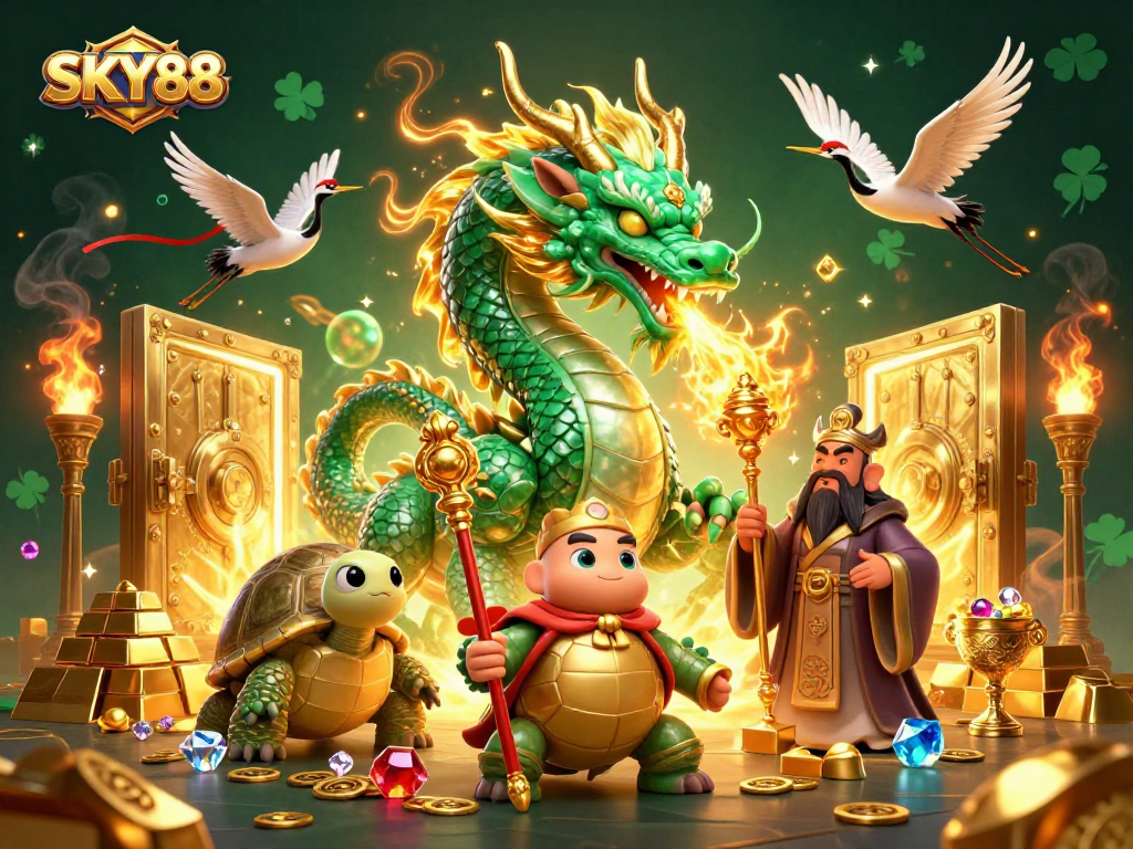 Experience thrilling gameplay at SKY88 with a massive jade dragon and golden treasures!