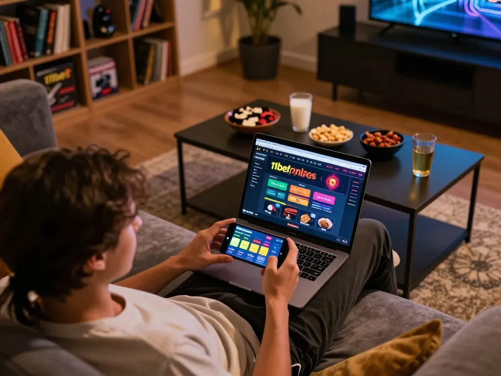 Engaging in online casino gaming on 11bet's platform with vibrant laptop setup and cozy atmosphere