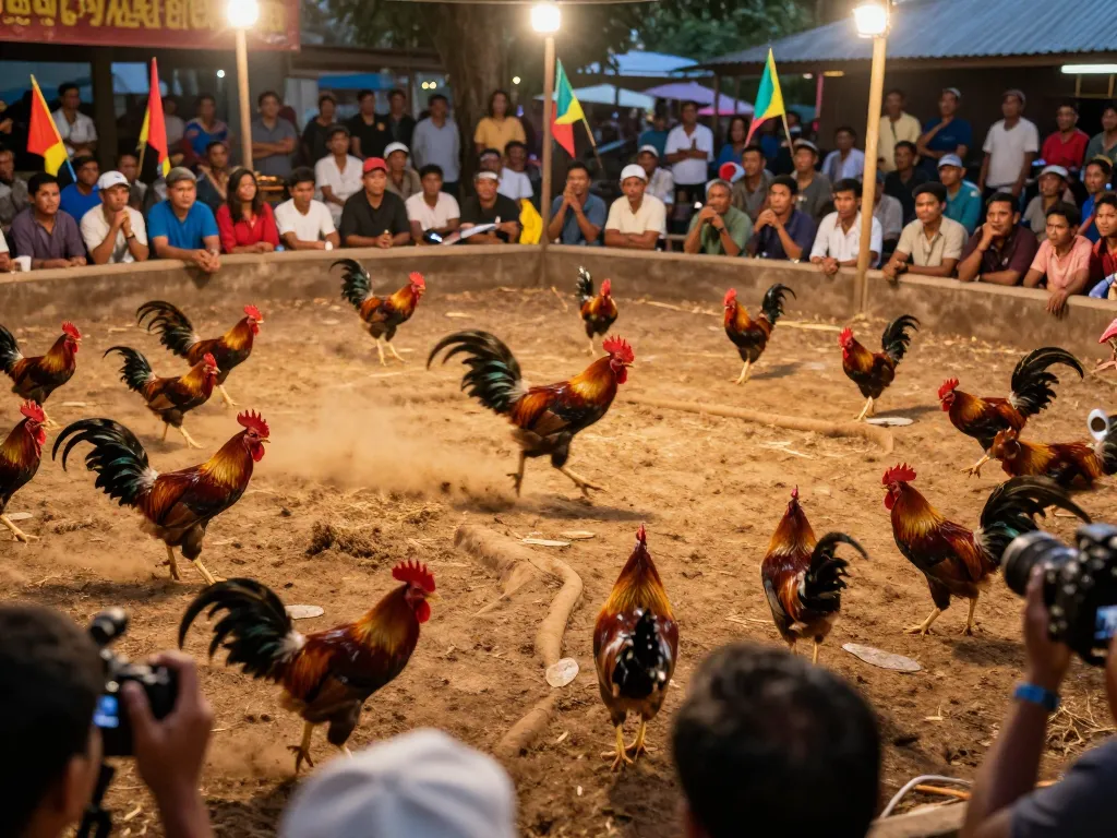 Witness the thrill of đá gà thomo with exciting live chicken fights displaying intense action and audience engagement.