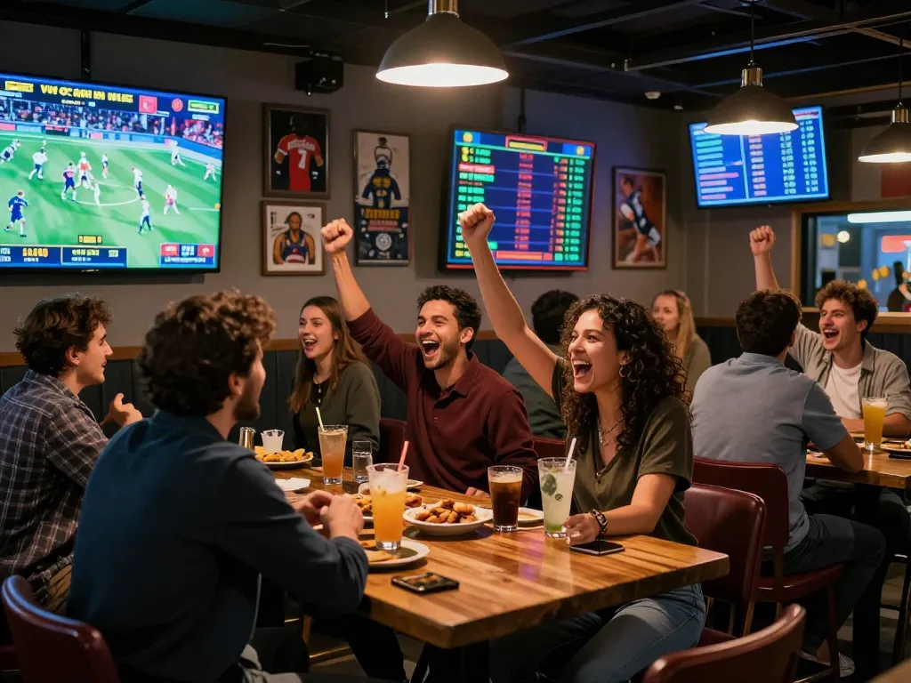 Fans betting on sports at a lively venue while celebrating winning bets at vin88.