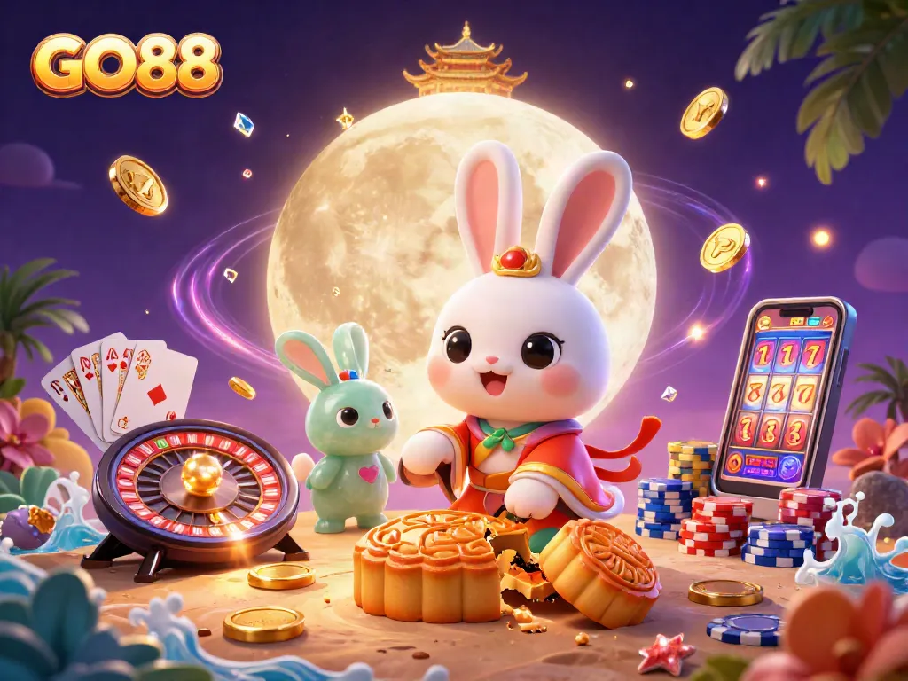 Experience GO88's vibrant casino adventure with a moon rabbit revealing poker chips!