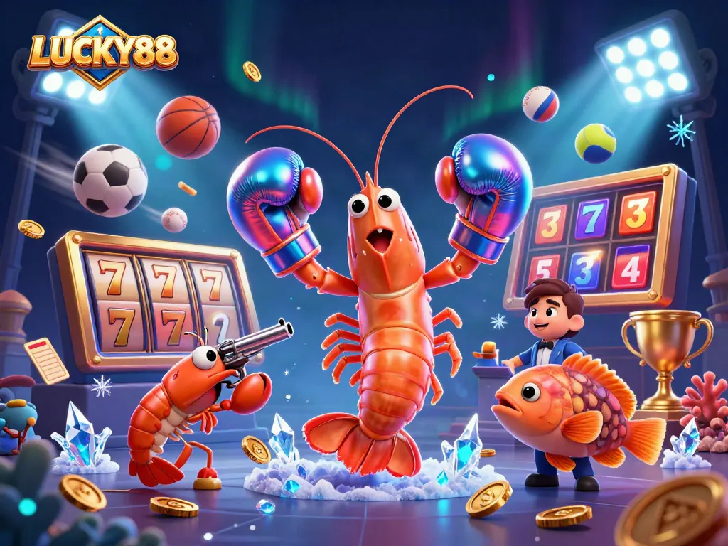 Spin and win at LUCKY88 with vibrant slot reels, colorful shrimp characters, and dynamic sports elements.