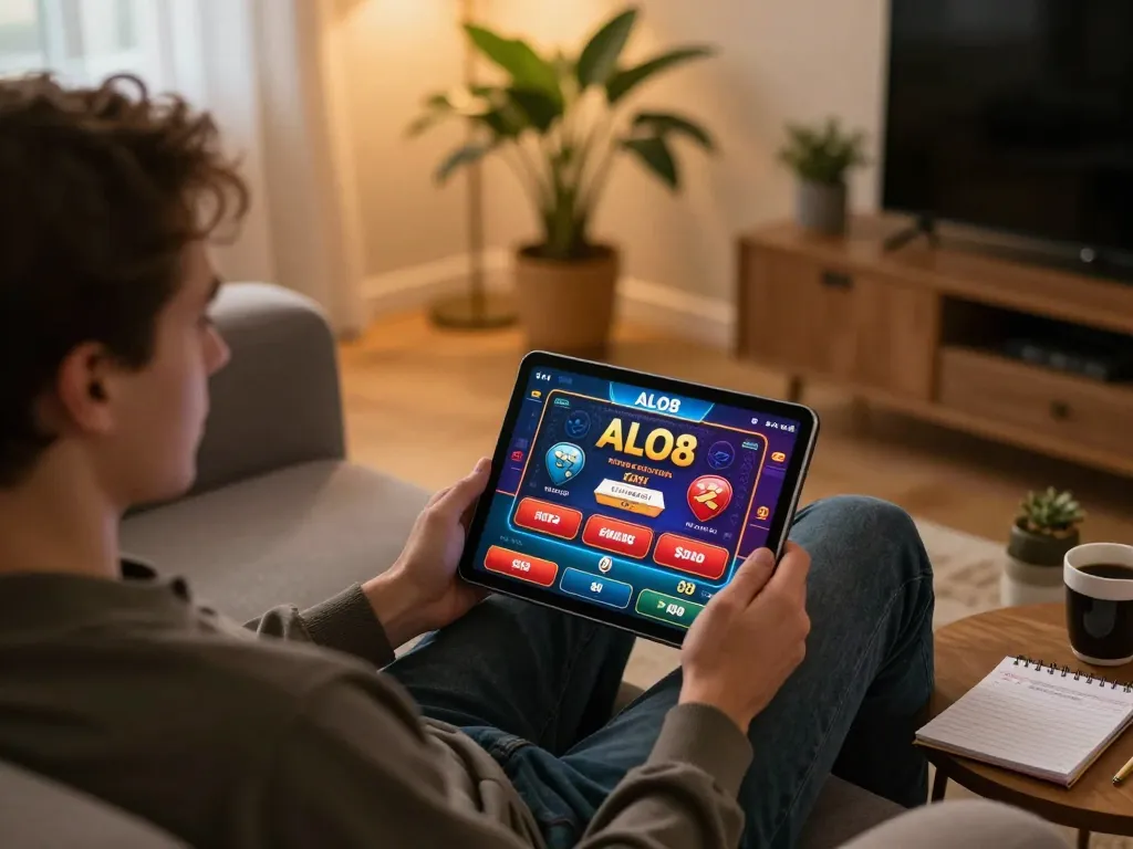 Engaging in strategic gameplay on the ALO8 casino app at home.
