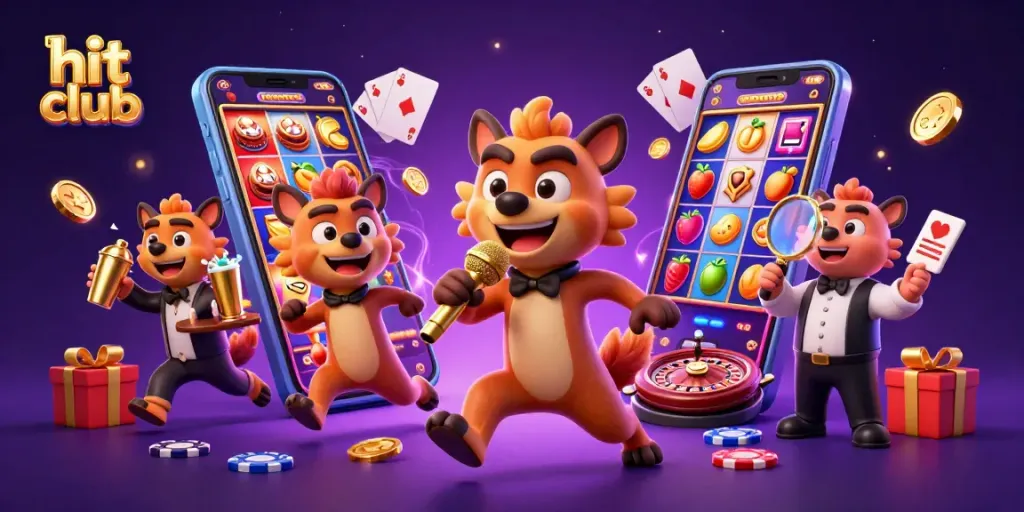 Enjoy the vibrant hit club casino experience with hyenas playing slots and mixing drinks.