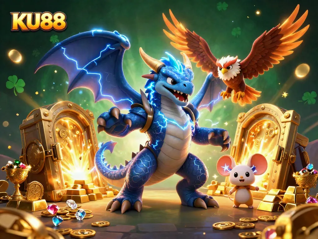 Experience the excitement of KU88 with vibrant slot jackpots and dynamic game elements in a magical scene.