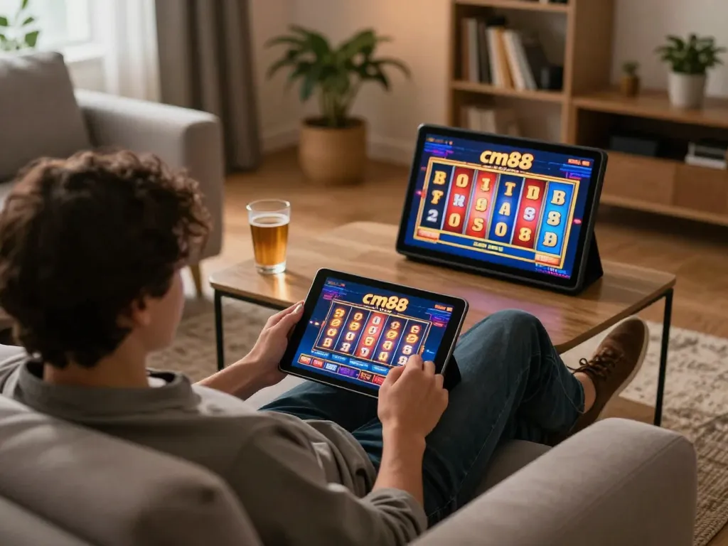Person playing slots on tablet at cm88 com in a comfortable home setting.