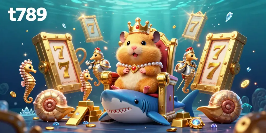 T789 gaming ecosystem illustration featuring a golden hamster king on a megalodon throne surrounded by treasures and vibrant visuals.