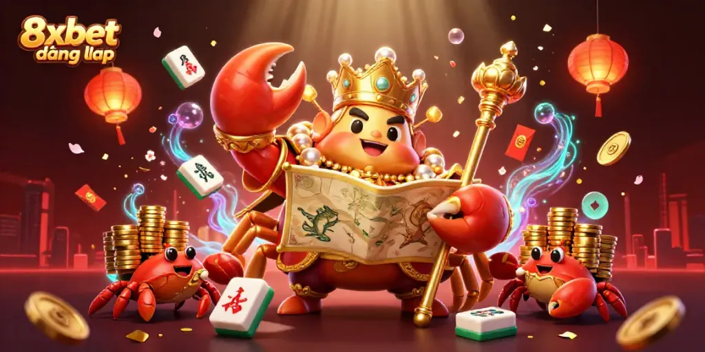 Experience the excitement of 8xbet đăng nhập with a vibrant 3D casino illustration featuring a golden crab emperor.