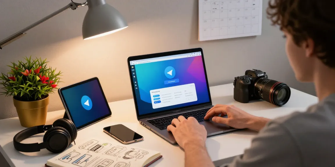 Captivating workspace featuring Telegram download on a laptop with tech gadgets.