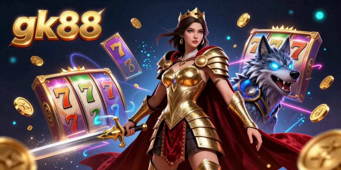 Engage with gk88's vibrant slot gaming scene featuring a warrior queen and treasure.