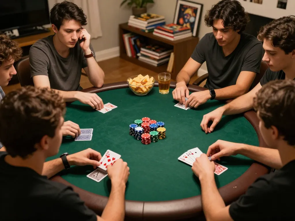 Friends engaging in an exciting home poker game session with Da 88 poker chips and cards visible, showcasing strategic gameplay.