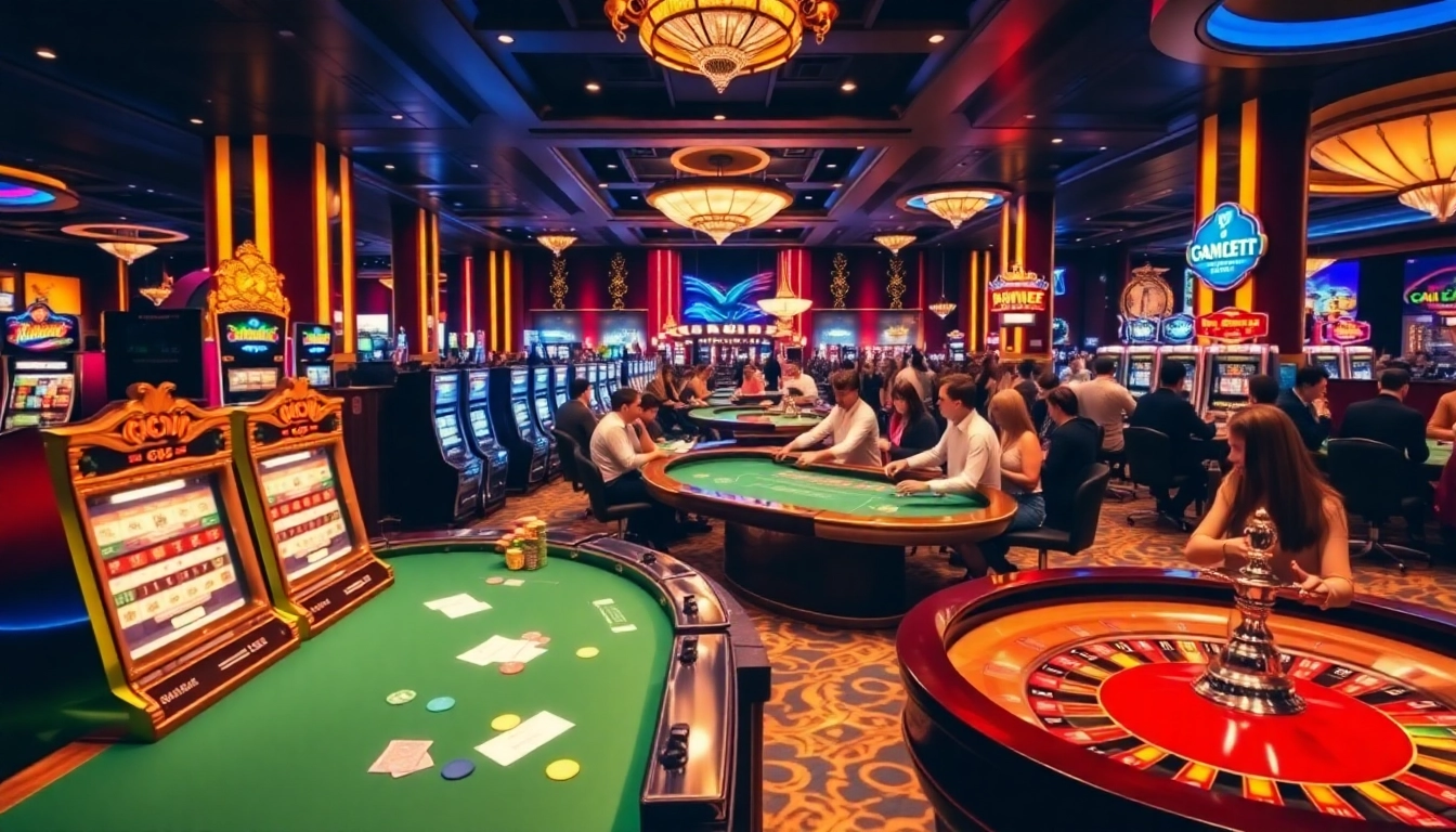 GG88 players enjoying lively casino games with vibrant slot machines and poker tables.