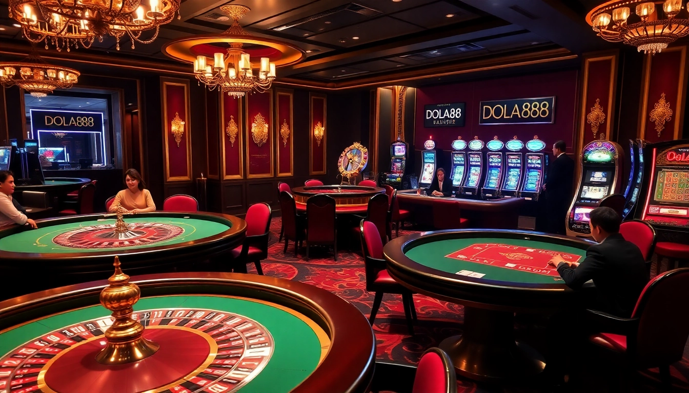DOLA88 casino experience showcasing players enjoying baccarat and poker in a luxurious setting.
