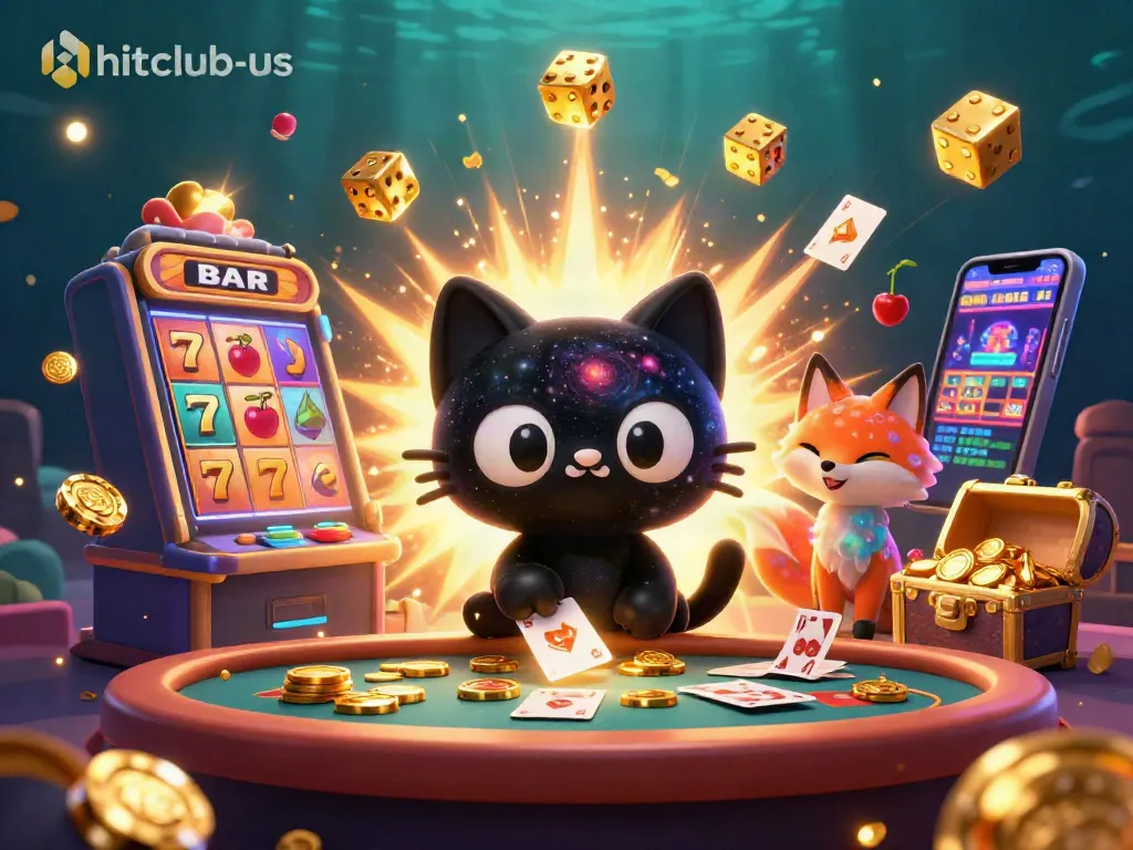 Experience big wins at hitclub-us with a vibrant 3D casino illustration featuring a black hole cat and colorful elements.