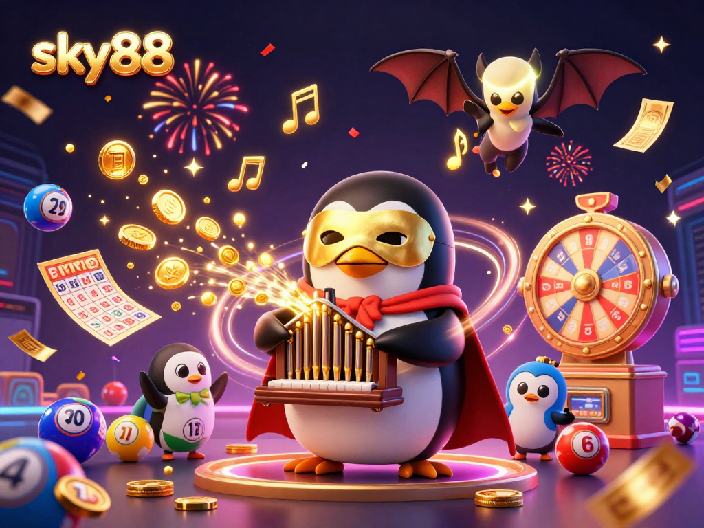 sky88 unleashes excitement with a penguin organist shooting golden coins and vibrant game elements in a festive atmosphere