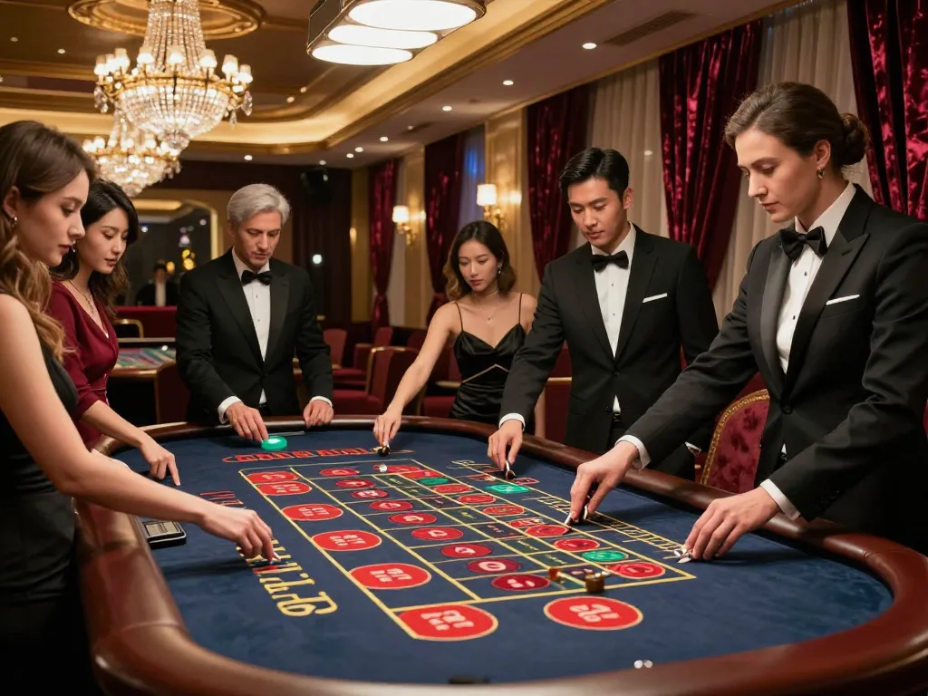 Vin88 players engage at a roulette table, experiencing vibrant casino excitement with strategic bets.