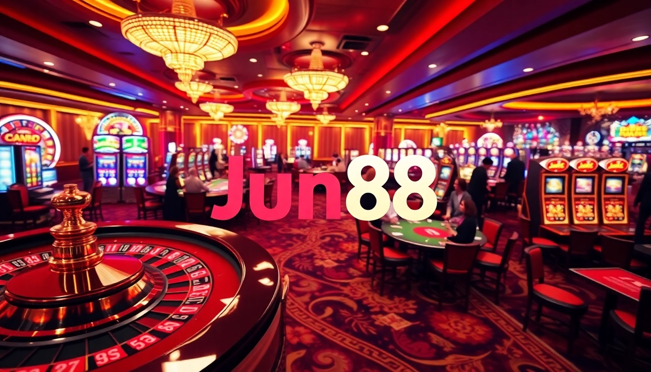 Exciting gambling scene at Jun88 casino with poker tables, slots, and roulette wheel.