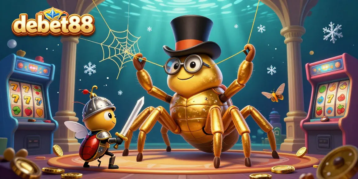 Engage in the vibrant world of debet88 with a giant golden tarantula at a casino-themed illustration.