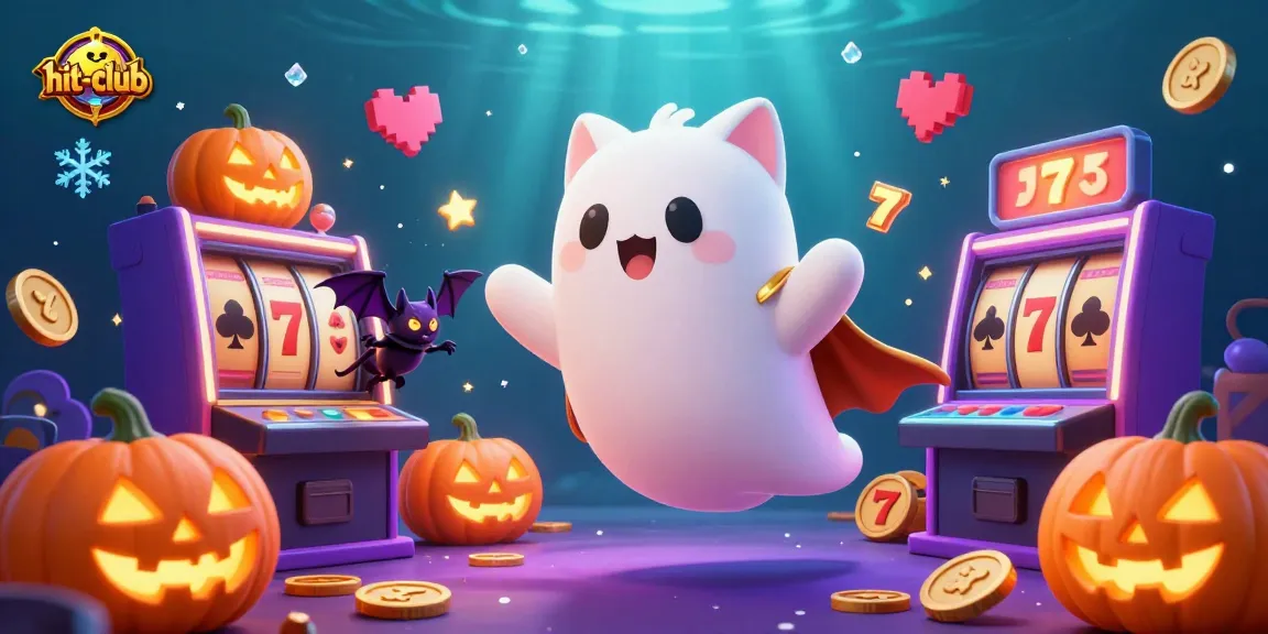 Experience thrilling gaming with hit-club's vibrant 3D casino scene showcasing a friendly ghost cat, vampire bat, and glowing slot reels.