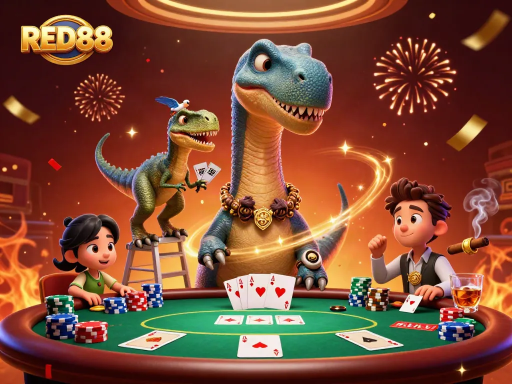 Experience the vibrant energy of RED88 casino with a giant brontosaurus and clever raptor dealer.