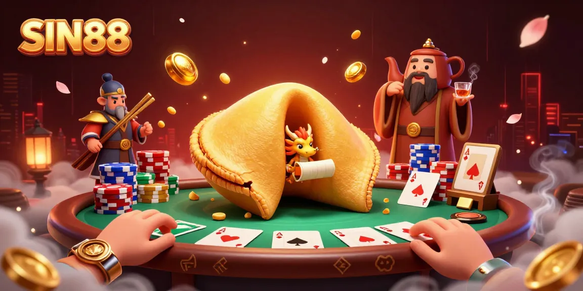 SIN88 showcases a vibrant casino scene with a dragon reading fortunes and poker elements.