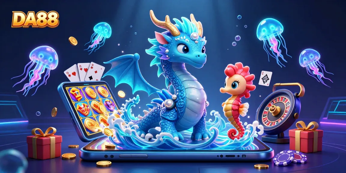 Experience thrilling gaming at DA88 with a dragon, a knight, and vibrant casino elements.