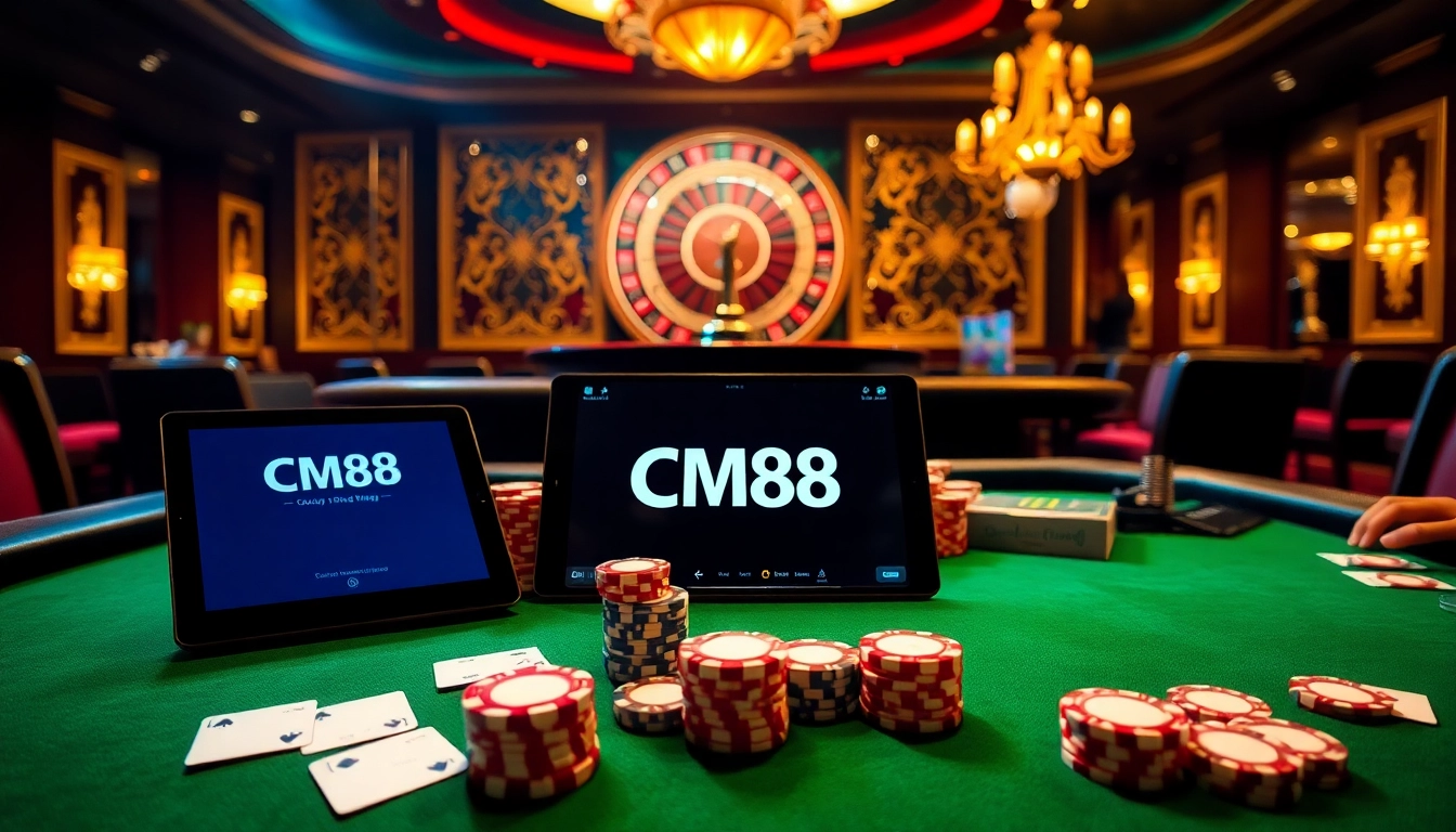 Experience the thrill of gaming at CM88 trang chủ with poker tables, chips, and casino excitement.