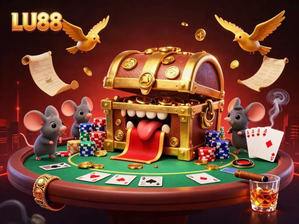 LU88 treasure chest inviting adventurer mice with poker elements in a vibrant casino scene.