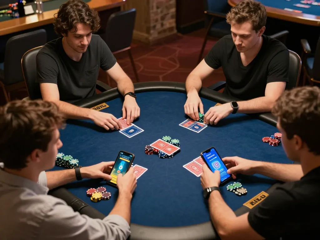 Friends enjoying a competitive poker game on PH22 platform with visible chips and cards.