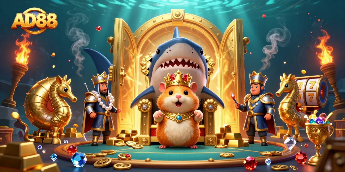 Engage with AD88's vibrant online casino scene of a golden hamster king and treasure.