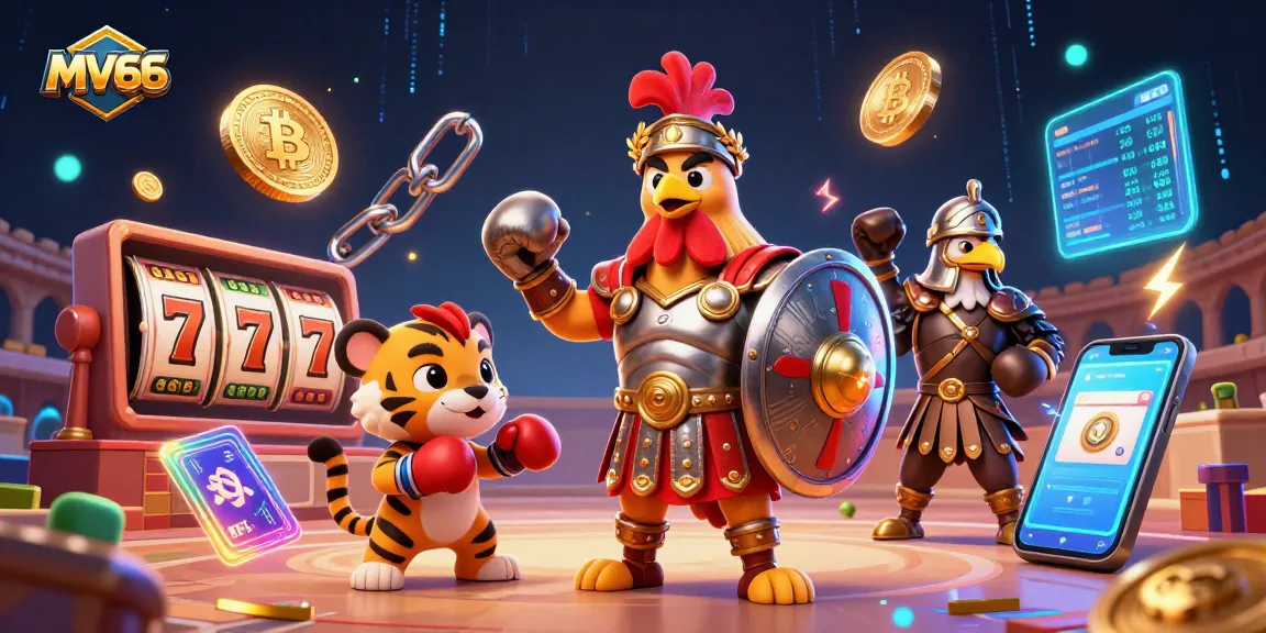 MV66 casino experience showcasing a gladiator rooster in a lively gambling arena amid slot machines and crypto coins.