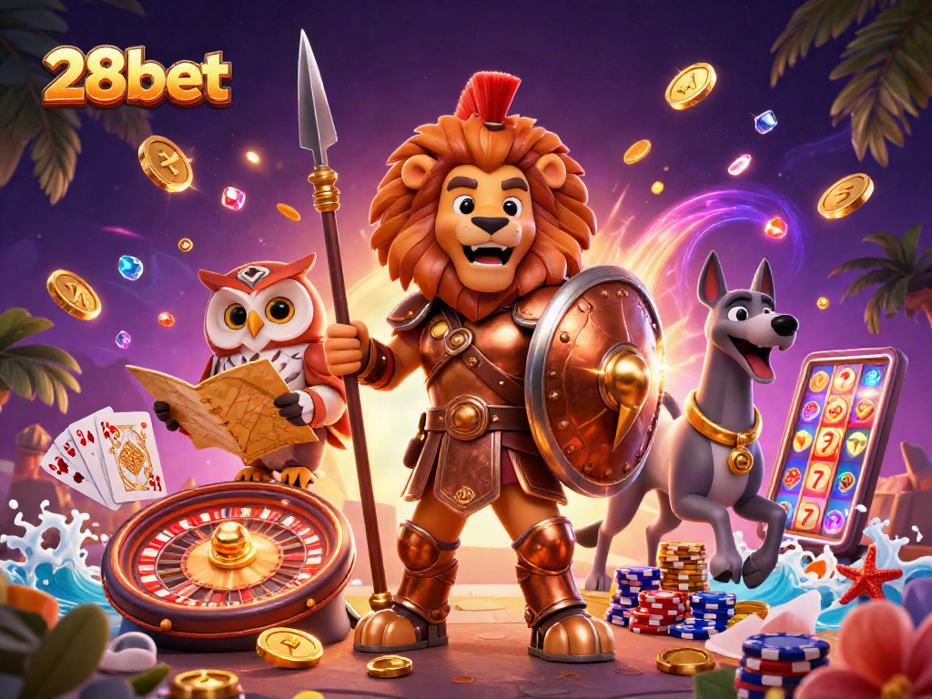 Experience exhilarating gaming at 28bet with a dynamic casino scene featuring a Spartan lion, owl strategist, and greyhound messenger.