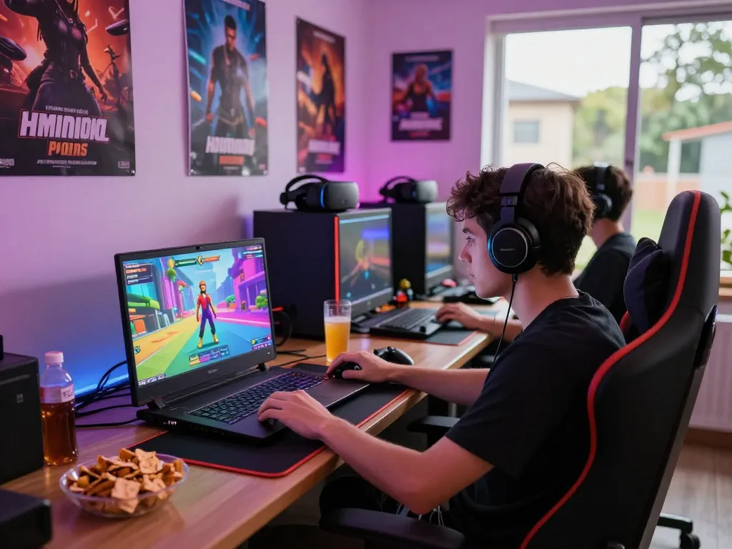Gamer immersed in an HTML porn game with vibrant graphics and gaming setup.