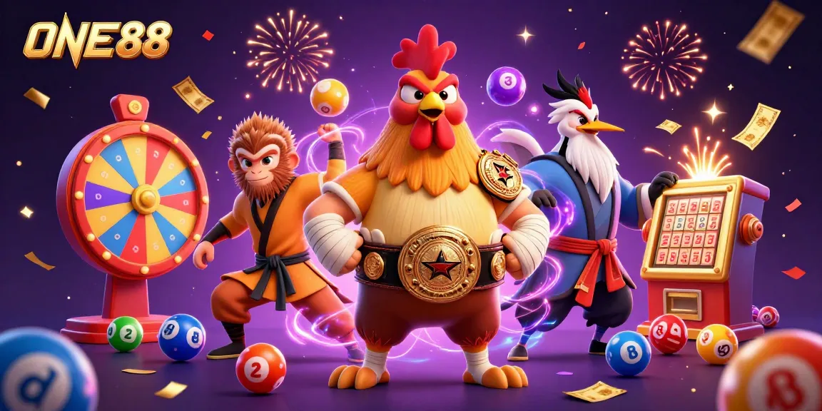 Engage with the exciting world of ONE88, featuring vibrant casino elements and lively characters.