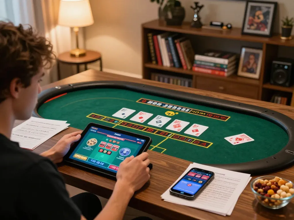 GA88 player engaging with a live dealer game on tablet at home, showcasing a strategic approach to online gambling.