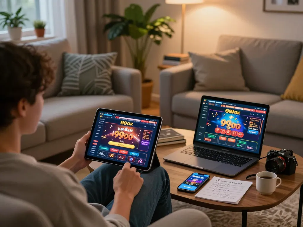 Player enjoying 99ok online casino game on tablet in a cozy home atmosphere.