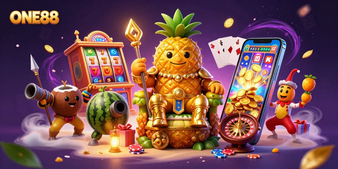 Experience thrilling gaming adventures with ONE88, showcasing a vibrant casino scene with slot elements and lively characters.