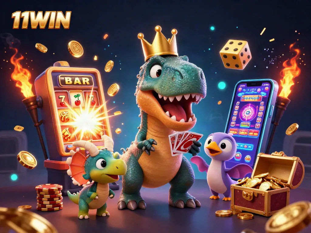 Engage with thrilling gaming at 11WIN, showcasing a vibrant 3D casino scene with dynamic characters.
