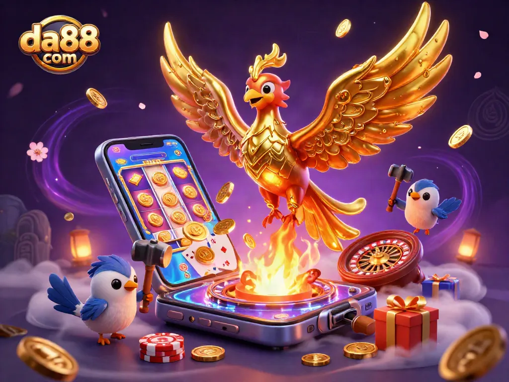 Experience thrilling wins at da88 com with a 3D phoenix symbolizing prosperity and luck in gambling.