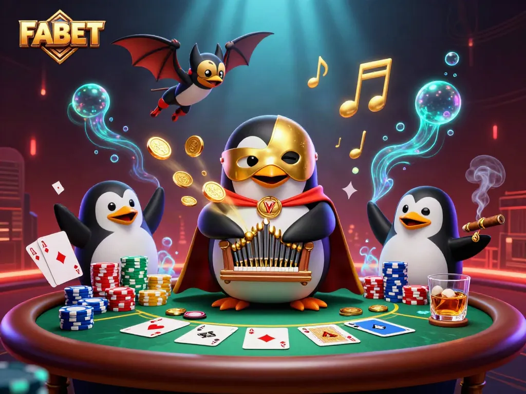 FABET gamers enjoy a colorful 3D casino scene with a lucky penguin and vibrant poker elements.