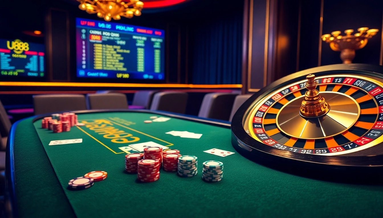 Experience the excitement of U 888 with luxurious casino elements like poker chips and a roulette wheel.