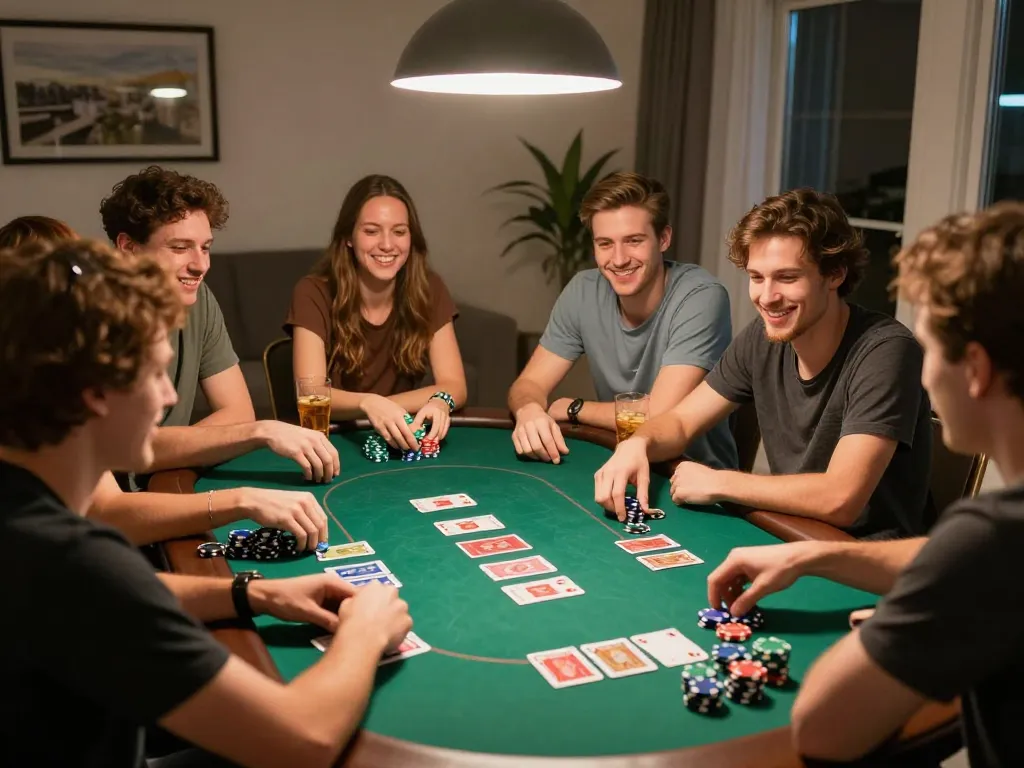 Friends enjoying a lively poker game at home, reflecting p789bet's engaging casino experience.