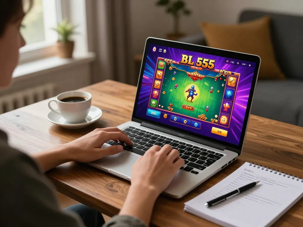 Engage with the BL 555 casino app in a cozy home gaming setup, showcasing online gambling.