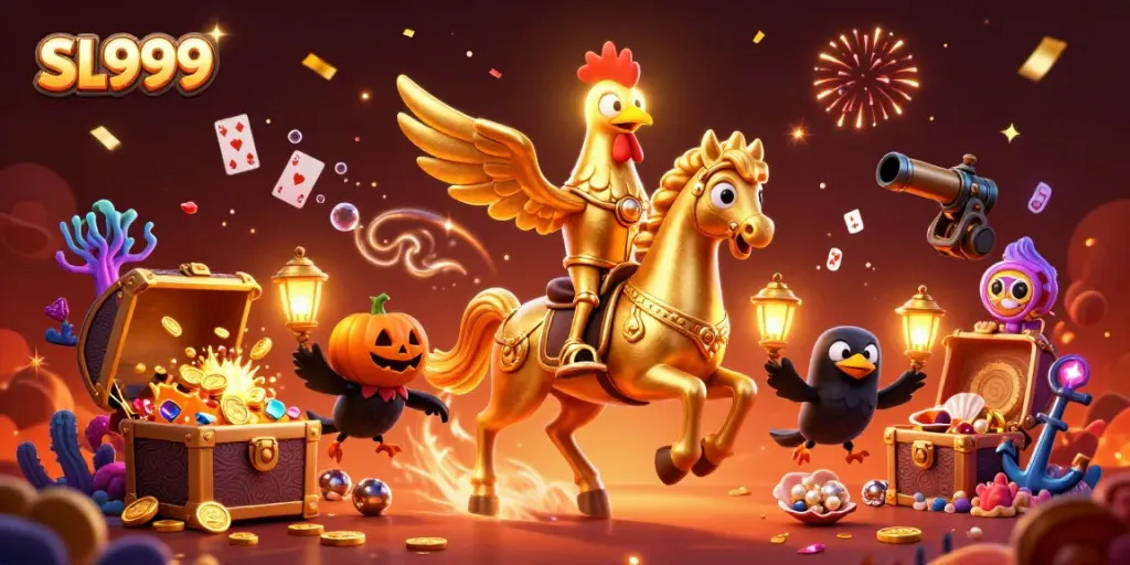 Experience SL999’s thrilling casino adventure with a golden rooster and playful crows amidst glimmering treasures.