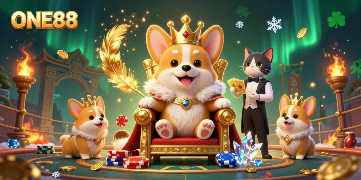 Engage in masterful gameplay with ONE88 featuring a royal corgi throne, animated poker chip action!