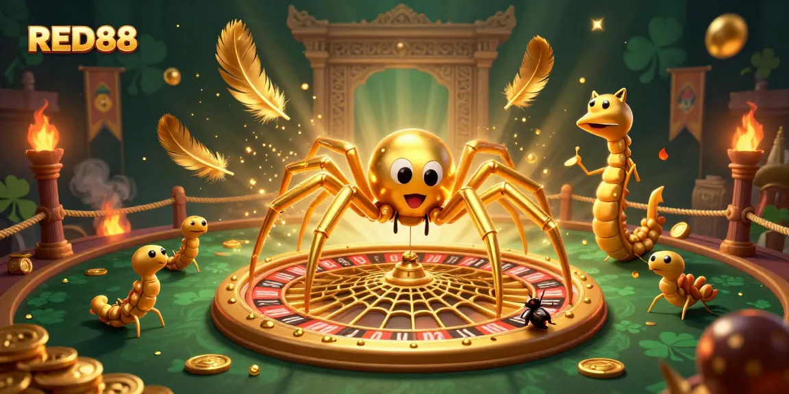 Experience thrilling gameplay at RED88 with a golden spider spinning fortune in a casino scene.