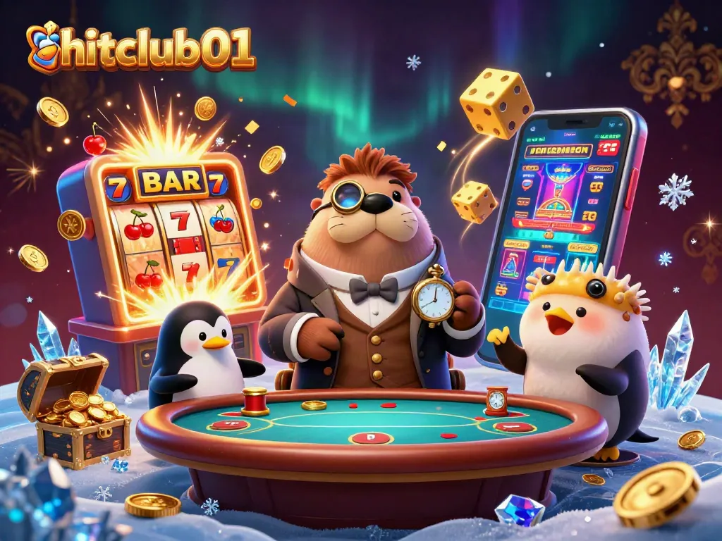 Hitclub01 showcases a lively underwater poker game with a tuxedo walrus and dynamic action featuring colorful slots and bonuses.